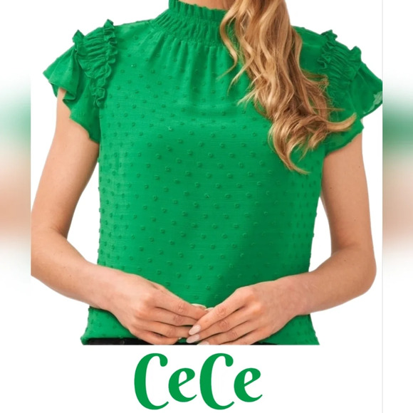 CeCe Tops - CeCe Womens Top Sz S Green Swiss Clip Dot Mock Neck Ruffles Teacher Career